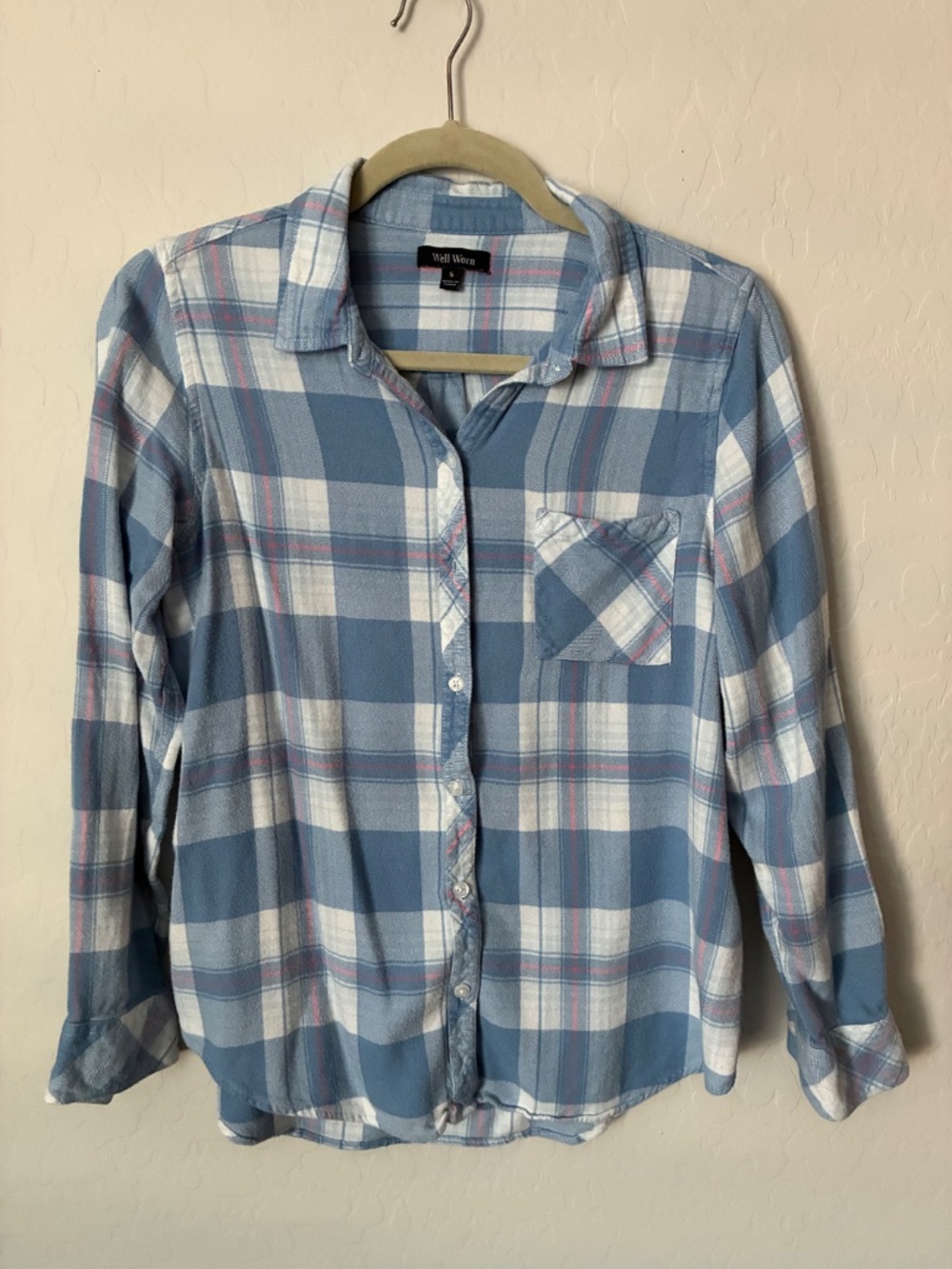 Well Worn Blue, White, & Pink Plaid Button-Down Shirt – Small